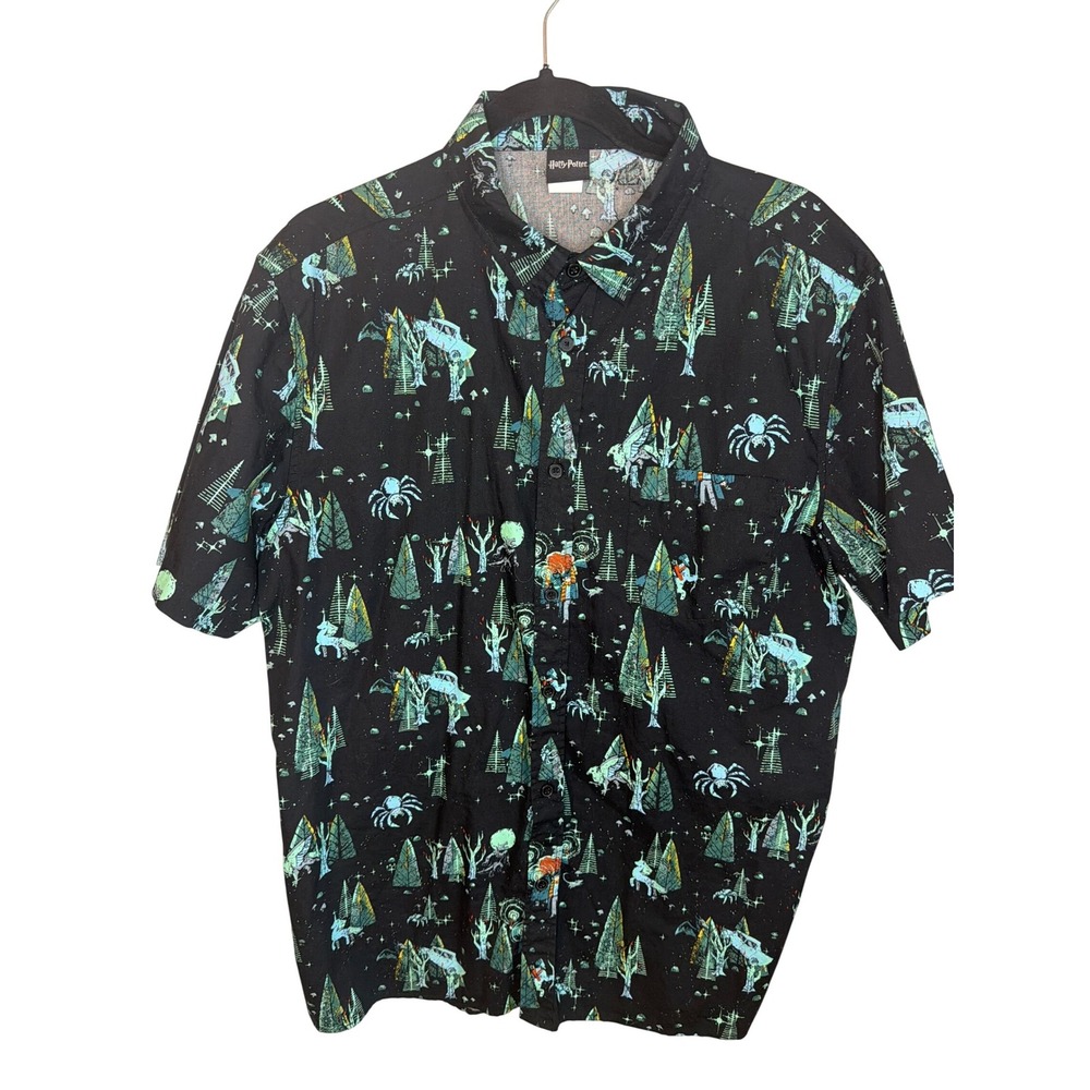 Harry‎ Potter Forbidden Forest Mens Large Button Down Shirt Black Cotton Aragog